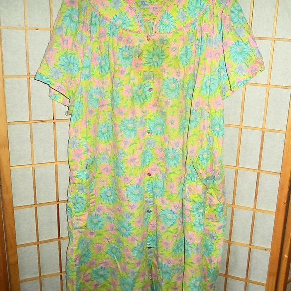 VINTAGE NIGHTGOWN HOUSE COAT GRANNY DRESS PEAR SNAPS FLORAL-WOMENS PLUS SIZE - Picture 2 of 4